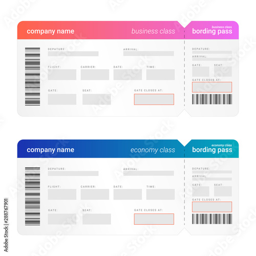 Flat template layout for boarding pass with details and information field. Economy and businees class tickets ickets for airplane. Simple design concept for air company pass. Vector illustration.