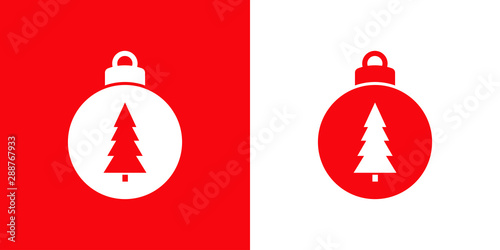 Icono plano bola de navidad con árbol centrado en rojo y blanco