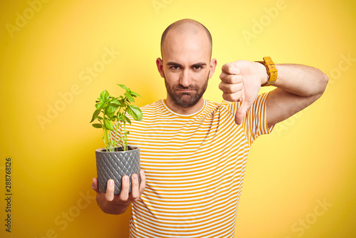 Young man holding basil plat plot over isolated yellow background with angry face, negative sign showing dislike with thumbs down, rejection concept