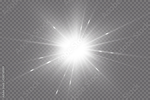 White glowing light explodes on a transparent background. with ray.  Transparent shining sun, bright flash.  Special lens flare light effect.