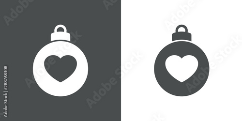 Icono plano bola de navidad con corazón centrado en gris y blanco