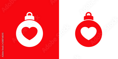 Icono plano bola de navidad con corazón centrado en rojo y blanco