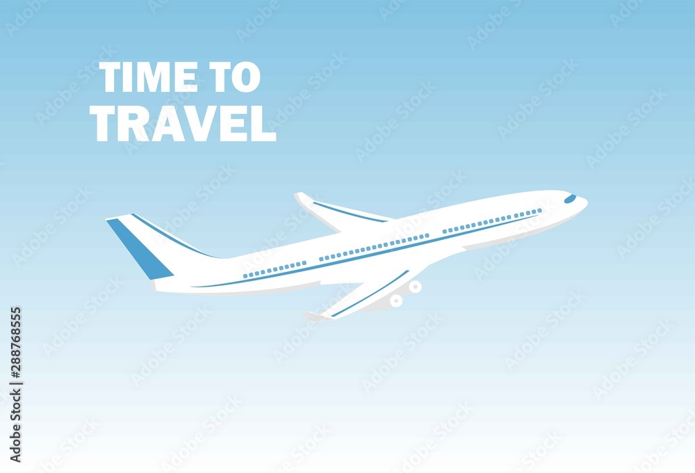 Airplane flies in the sky and cloud on blue background. Concept time to travel. Vector in flat style. Vector