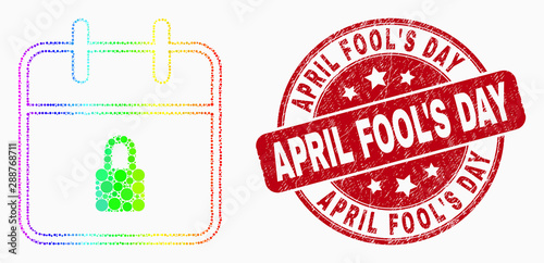 Dotted bright spectral lock calendar page mosaic pictogram and April Fool'S Day seal stamp. Red vector rounded scratched seal with April Fool'S Day caption. Vector combination in flat style.