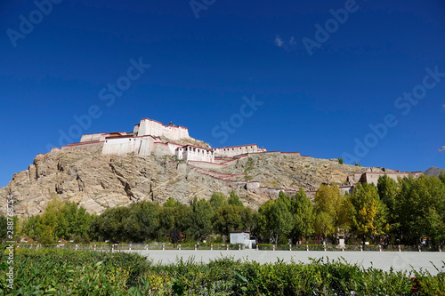 Scenic view of Pelkor Chode monastery overlooking the small city of Gyantse. photo