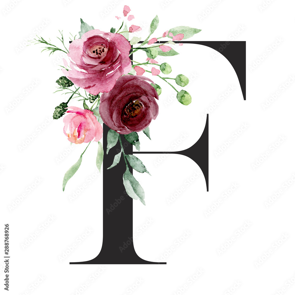 Floral alphabet, letter F with watercolor flowers and leaf. Monogram