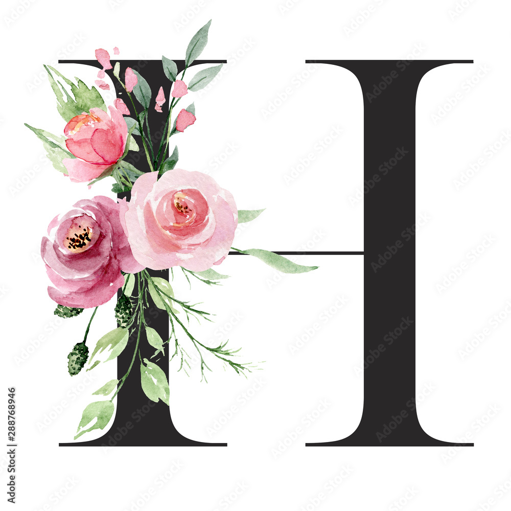 Illustrazione Stock Floral alphabet, letter H with watercolor ...