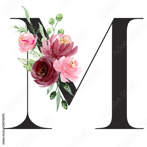 Floral Alphabet Letter M With Watercolor Flowers And Leaf Monogram Initials Perfectly For Wedding Invitations Greeting Card Logo Poster And Other Design Holiday Design Hand Painting Stock Illustration Adobe Stock