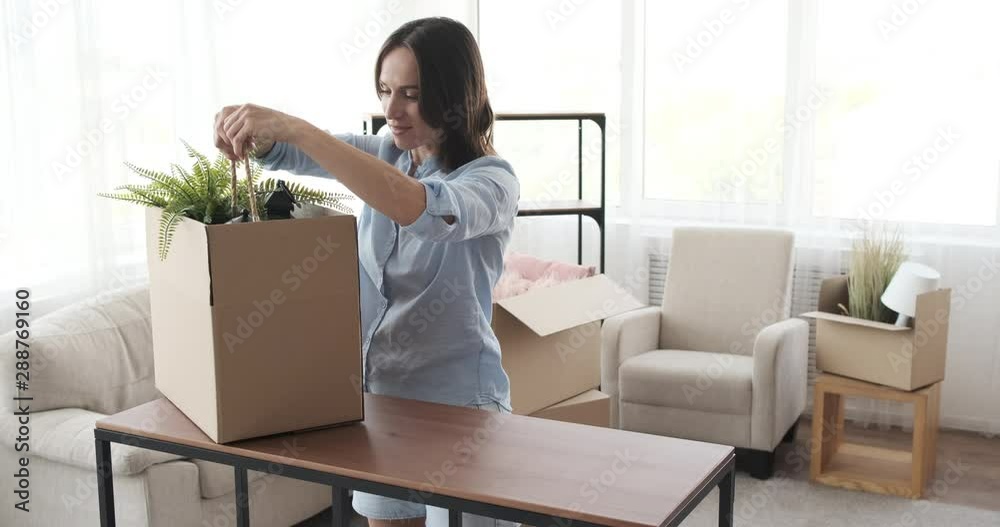 Young woman moving into new house arranging lamps on shelf Young woman moving into new house arranging lamps on shelf