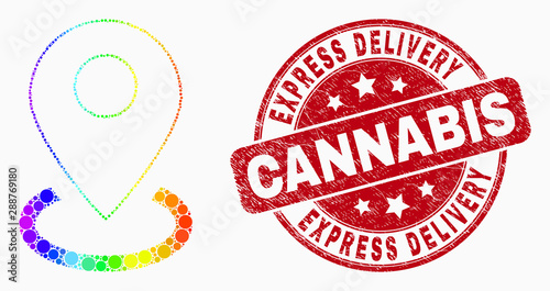 Pixel bright spectral map marker placement mosaic icon and Express Delivery Cannabis watermark. Red vector rounded textured seal stamp with Express Delivery Cannabis phrase.