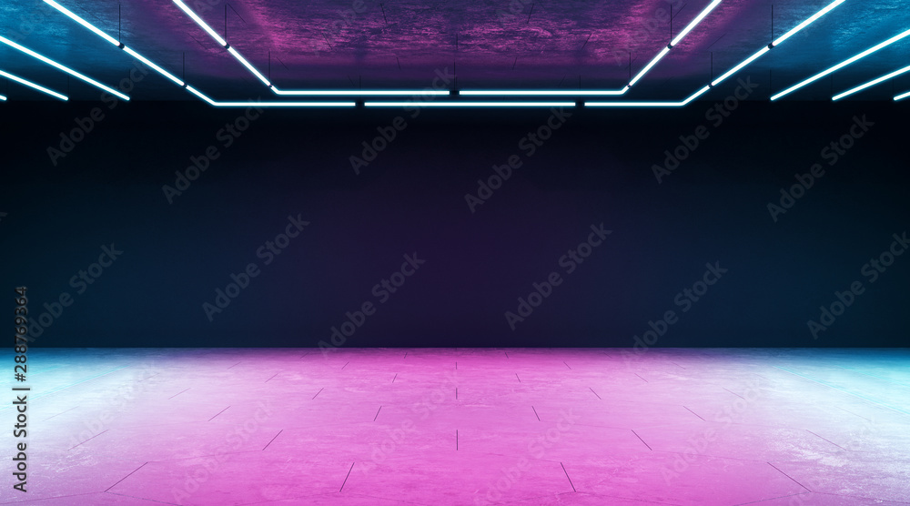 Minimal techno concept with modern empty hall with blank wall and neon paints. - obrazy, fototapety, plakaty 
