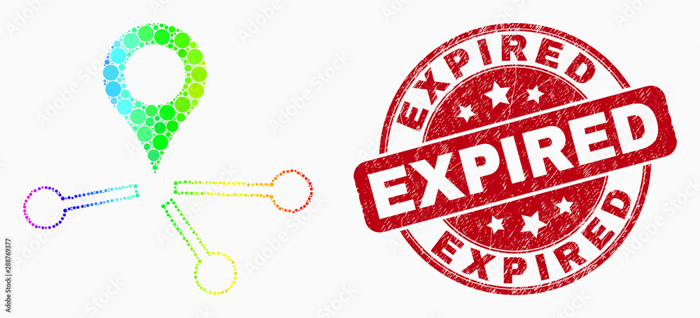 Pixel rainbow gradiented map pointer links mosaic icon and Expired seal stamp. Red vector round textured seal stamp with Expired message. Vector collage in flat style. Pixel rainbow gradiented map pointer links mosaic icon and Expired seal stamp. Red vector round textured seal stamp with Expired message. Vector collage in flat style.