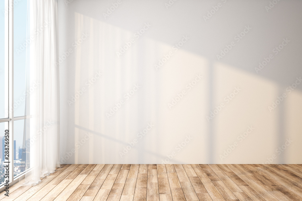Modern light empty room with blank white wall, wooden floor and big window with city view. Modern light empty room with blank white wall, wooden floor and big window with city view.