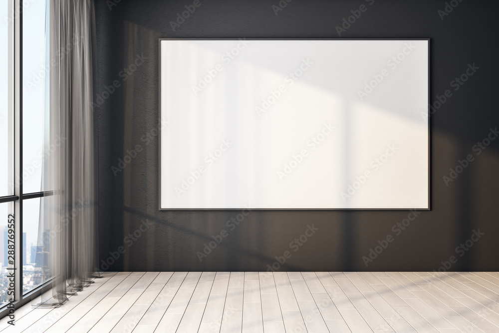 Blank poster on black wall in modern empty room with big windows and wooden floor, mock up. - obrazy, fototapety, plakaty 