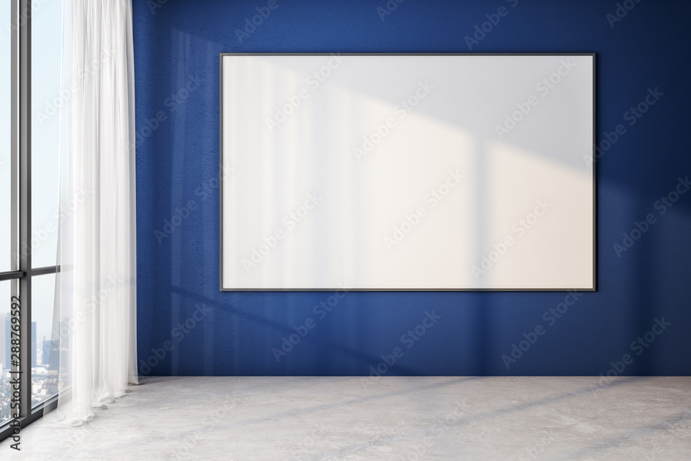 Blank poster on blue wall in modern empty room with big windows and wooden floor, mock up. Blank poster on blue wall in modern empty room with big windows and wooden floor, mock up.