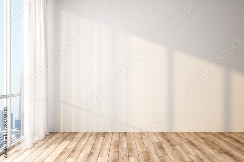Modern light empty room with blank white wall, wooden floor and big window with city view. © Who is Danny