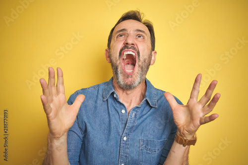 Handsome middle age senior man with grey hair over isolated yellow background crazy and mad shouting and yelling with aggressive expression and arms raised. Frustration concept.