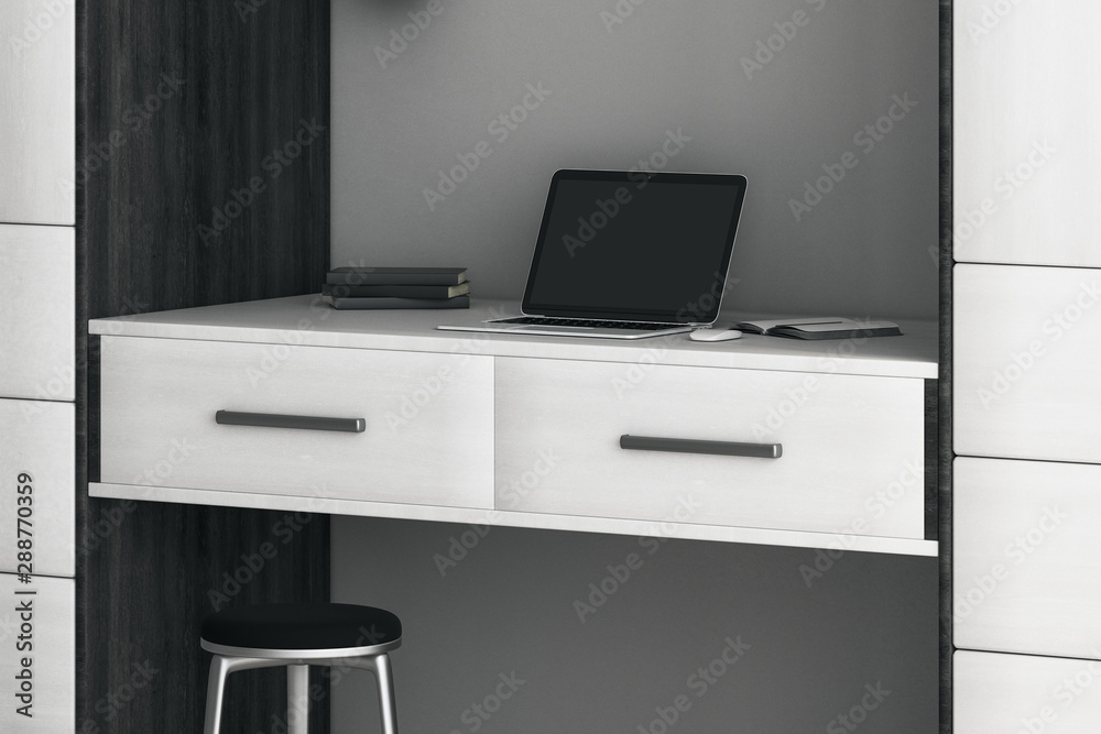 Modern style workspace with white furniture and laptop with blank screen on the table. Modern style workspace with white furniture and laptop with blank screen on the table.
