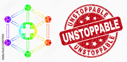 Pixel spectral medical links mosaic pictogram and Unstoppable stamp. Red vector round textured seal stamp with Unstoppable phrase. Vector combination in flat style.