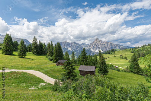 A picturesque path through an alpine meadow in the Italian Dolomites for hiking and cycling. Italian Alps, Corvara in Badia.