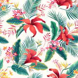 seamless floral pattern with tropical leaves and red hibiscus on white background