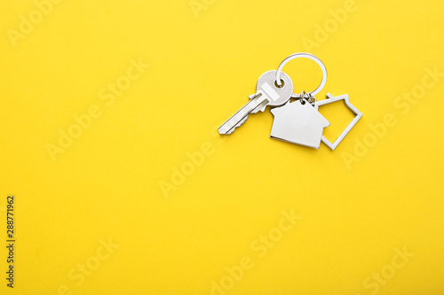 Vászonkép House keys with trinket on color background, top view with copy space
