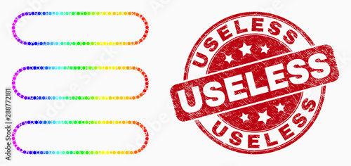 Dot spectrum menu list mosaic icon and Useless seal. Red vector rounded textured stamp with Useless message. Vector collage in flat style. Spectral gradiented menu list mosaic of randomized dots,