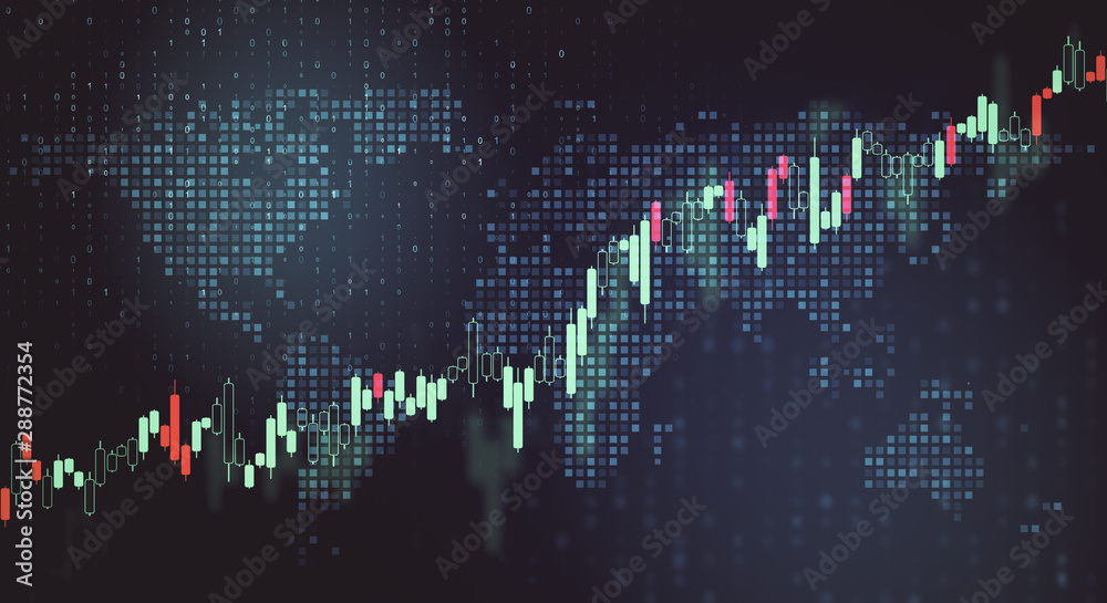 Global trading concept with financial graphs and digital pixel world map.