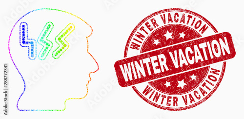 Dotted rainbow gradiented migraine head mosaic icon and Winter Vacation seal stamp. Red vector round distress seal with Winter Vacation title. Vector combination in flat style.