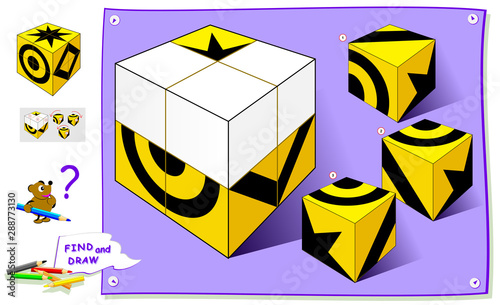 Logic puzzle game for kids. Find correct places for remaining parts of cube and paint them on it. Worksheet for children school textbook. Developing spatial thinking skills. Brain teaser book.