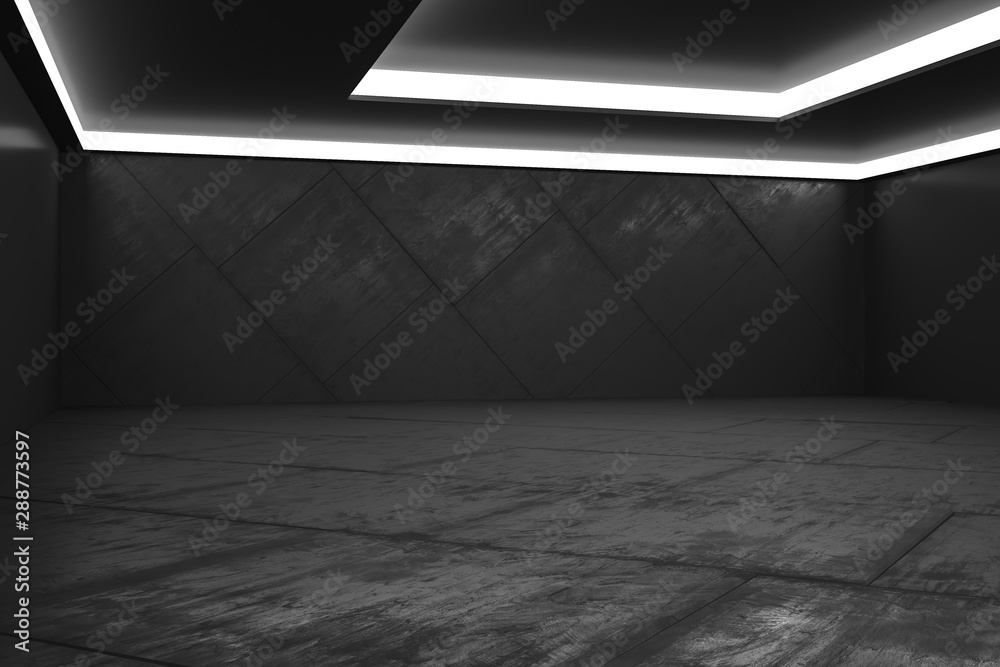 © Who is Danny - All black concept with modern spacious dark room with blank walls.