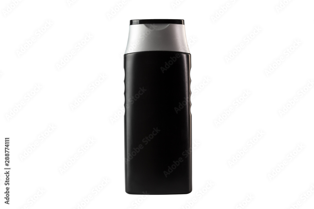 Black and silver color hygiene product container isolated on white background. Capacity for shampoos.