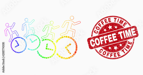Pixel spectral people run over clocks mosaic icon and Coffee Time stamp. Red vector round textured seal stamp with Coffee Time message. Vector collage in flat style.