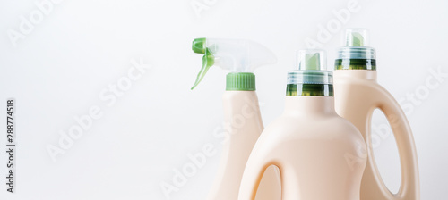Set of blank label bottles for mockup packaging of cleaning detergent on white background. Cleaning tools, cleanliness and cleaning layout.