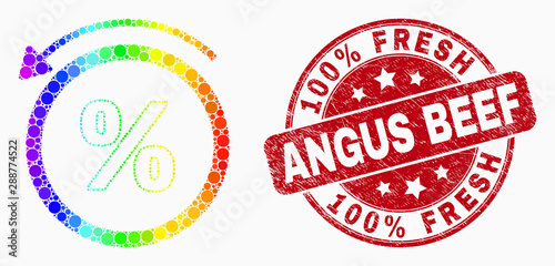 Dot spectrum percent back mosaic icon and 100% Fresh Angus Beef stamp. Red vector round distress seal stamp with 100% Fresh Angus Beef phrase. Vector collage in flat style.