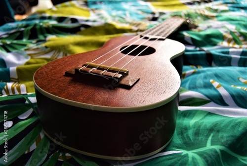 Ukulele on floral from an angle