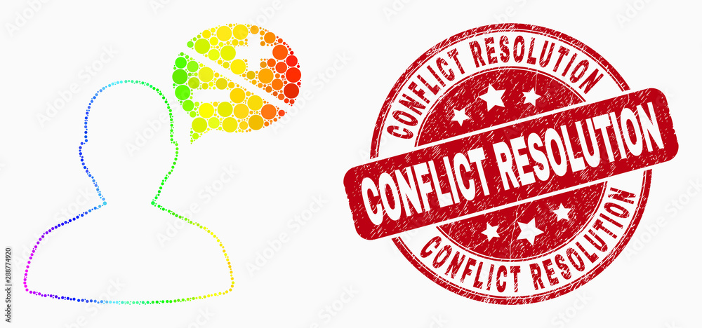 Pixel rainbow gradiented person arguments mosaic pictogram and Conflict Resolution seal stamp. Red vector rounded scratched seal stamp with Conflict Resolution caption.