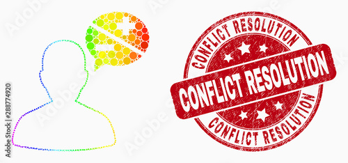 Pixel rainbow gradiented person arguments mosaic pictogram and Conflict Resolution seal stamp. Red vector rounded scratched seal stamp with Conflict Resolution caption.