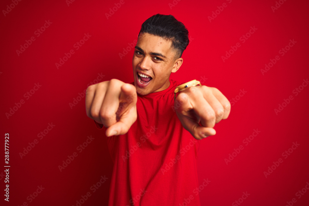 Young brazilian man wearing t-shirt standing over isolated red background pointing to you and the camera with fingers, smiling positive and cheerful Young brazilian man wearing t-shirt standing over isolated red background pointing to you and the camera with fingers, smiling positive and cheerful