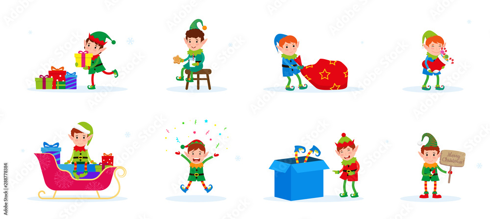 Vector set of flat cute cartoon Christmas elves. Isolated colorful Santa elf collection. Happy New Year, Merry Christmas illustration design elements for print, web, applications, postcard, banner. Vector set of flat cute cartoon Christmas elves. Isolated colorful Santa elf collection. Happy New Year, Merry Christmas illustration design elements for print, web, applications, postcard, banner.