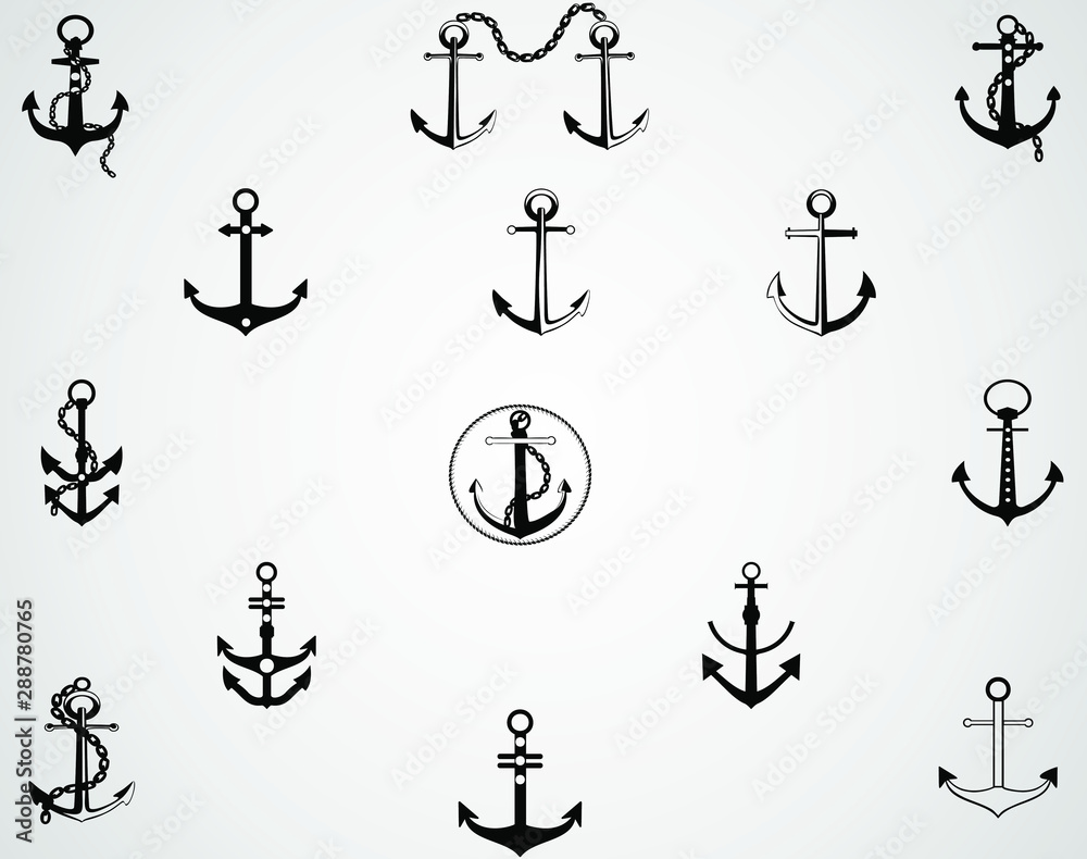 Set of Anchors. Anchors silhouette isolated on white background. VECTOR