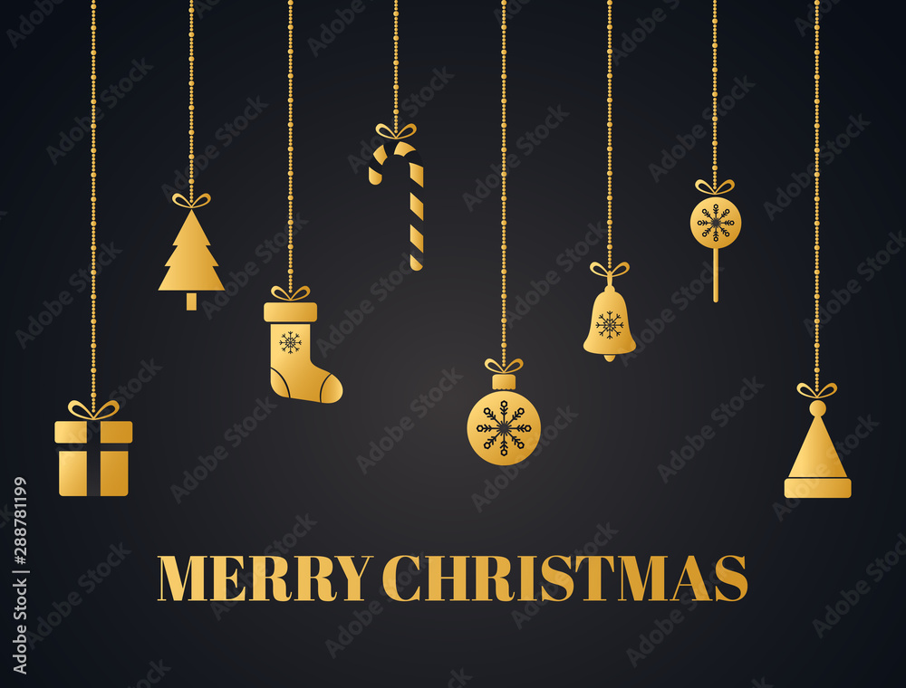 Christmas decoration. Gold ornaments isolated on dark background. Bright hanging christmas toys, tree, gift boxes, snowflakes, xmas balls, santa hat, bell, ribbon, candies. Vector illustration Christmas decoration. Gold ornaments isolated on dark background. Bright hanging christmas toys, tree, gift boxes, snowflakes, xmas balls, santa hat, bell, ribbon, candies. Vector illustration