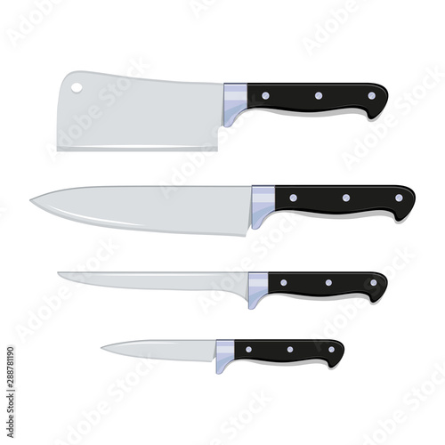 Set of Steel Kitchen Knives. Icon Realistic Cutlery Different Kitchenware Knives. Chopping Knives. Vector graphics to design.