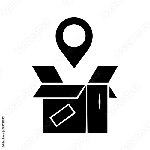 Parcel tracking glyph icon. Package location monitoring. Order status postal tracking. Delivery service. Cardboard box with map pin. Silhouette symbol. Negative space. Vector isolated illustration