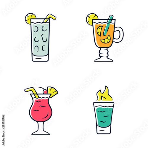 Drinks color icons set. Cocktail in highball glass, hot toddy, pina colada, flaming shot. Alcoholic mixes and soft drinks. Refreshing and warming beverages. Isolated vector illustrations