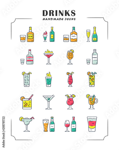 Drinks color icons set. Alcohol menu card. Beverages for cocktails. Whiskey, rum, wine, martini, margarita, absinthe. Refreshing and warming spirit containing liquors. Isolated vector illustrations