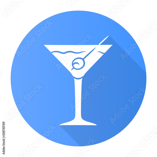 Martini blue flat design long shadow glyph icon. Footed glass with drink and olive. Cocktail with gin, vermouth. Refreshing alcoholic beverage. Tumbler with mixed drink. Vector silhouette illustration