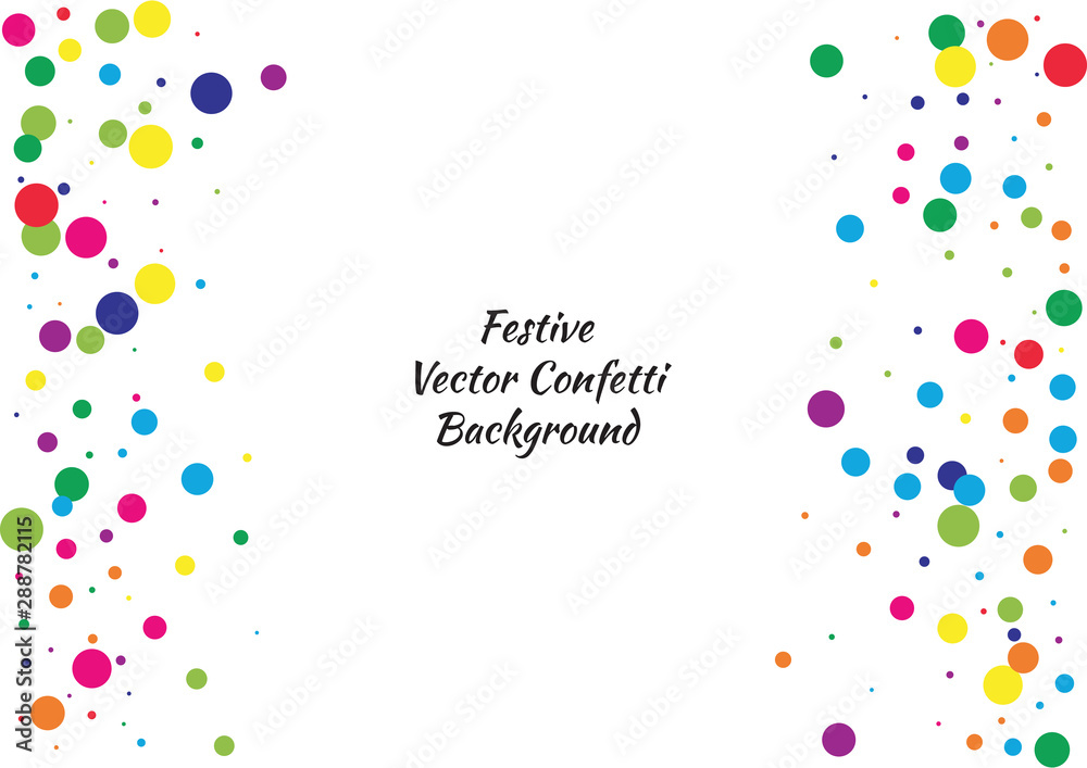 Festive color round confetti background. Abstract frame confetti texture for holiday, postcard, poster, website, carnivals, birthday and children's parties. Cover confetti mock-up. Wedding card layout