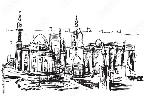 Rysynek ręcznie rysowany. Historyczna dzielnica w Kairze w Egipcie