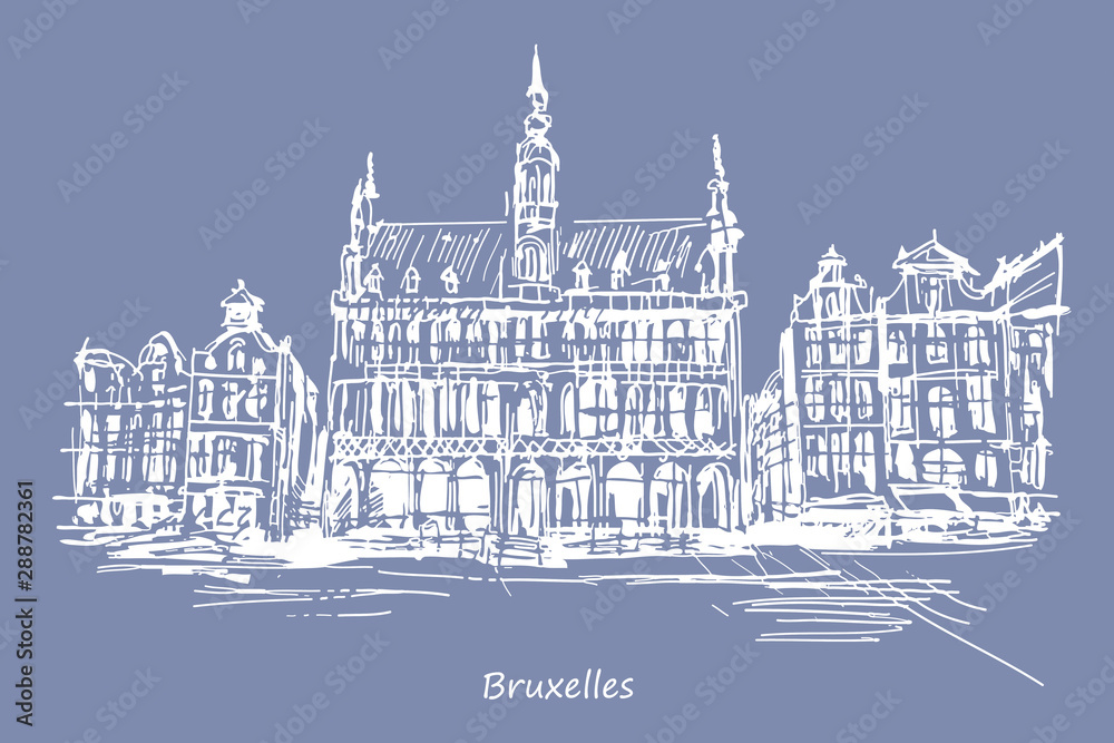 Rysynek ręcznie rysowany. Centrum Brukseli w Belgii